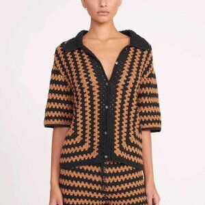 New Staud MABEL Black & Tan Knit Sweater Top Sz S Short Sleeve Seashore Stripe